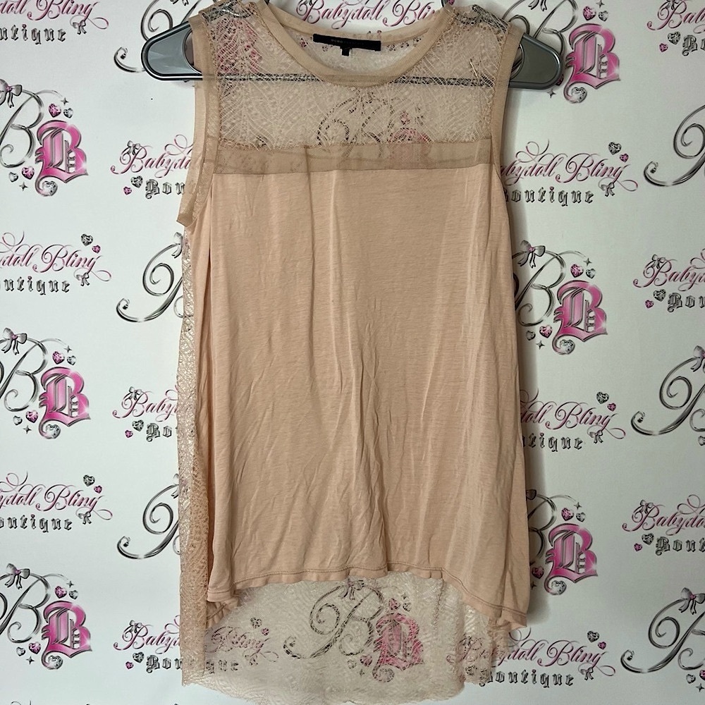 BCBGMaxAzria Sheer Lace Blouse in Soft Beige pink mesh tank top short